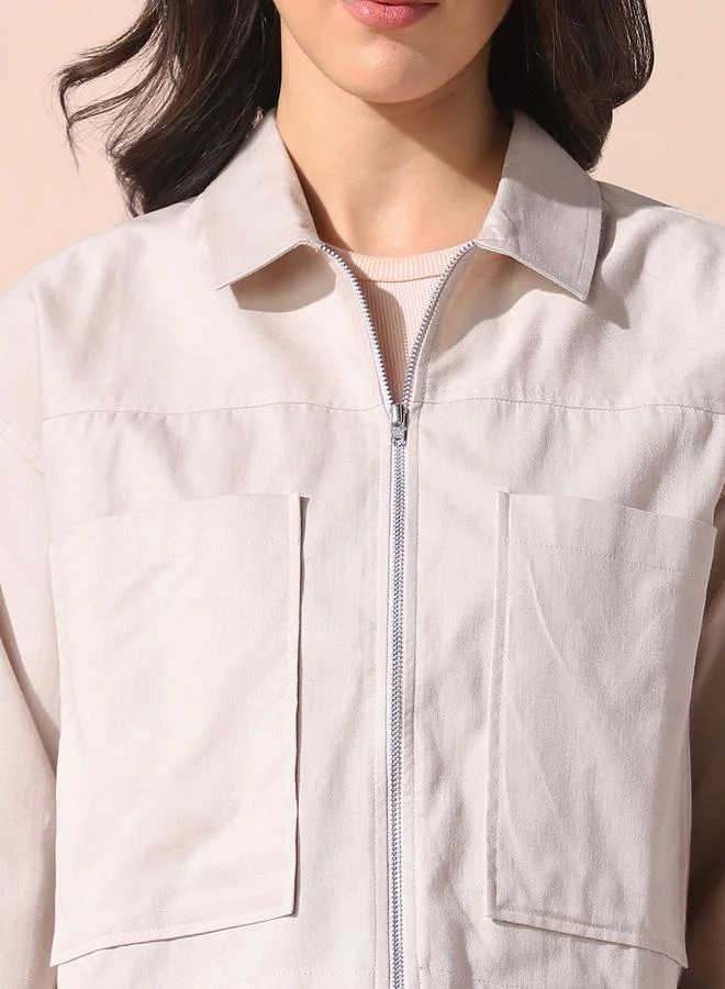 Dennis Lingo Women's Cream Cotton Blend Solid Pattern Button Down Relaxed Shirt