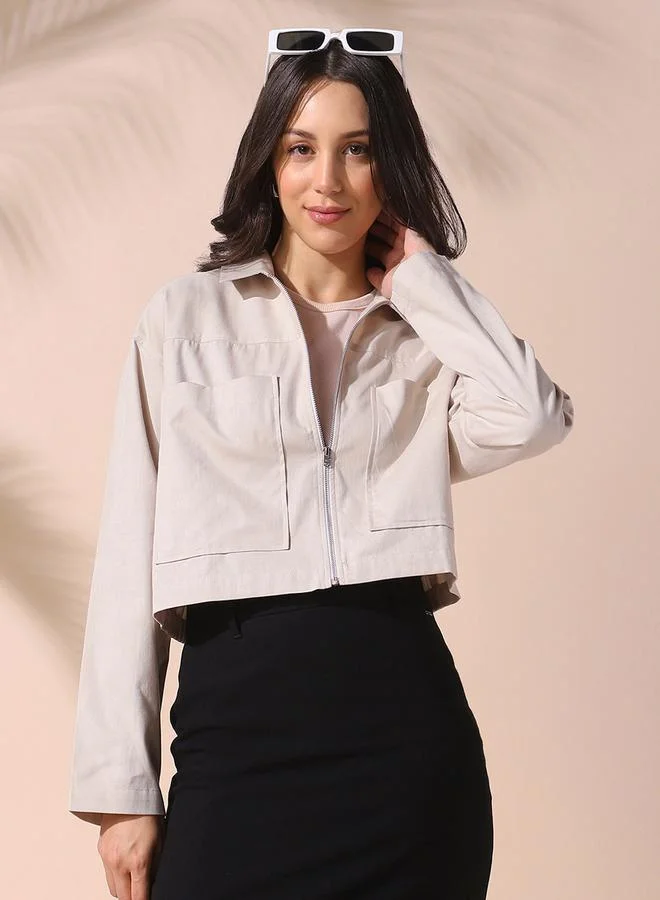 Dennis Lingo Women's Cream Cotton Blend Solid Pattern Button Down Relaxed Shirt
