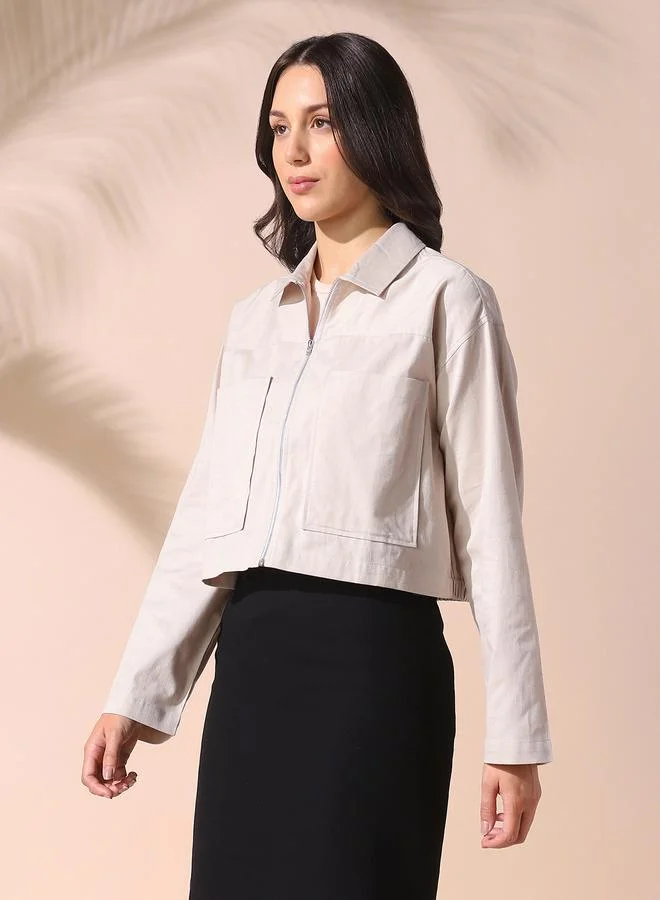 Dennis Lingo Women's Cream Cotton Blend Solid Pattern Button Down Relaxed Shirt
