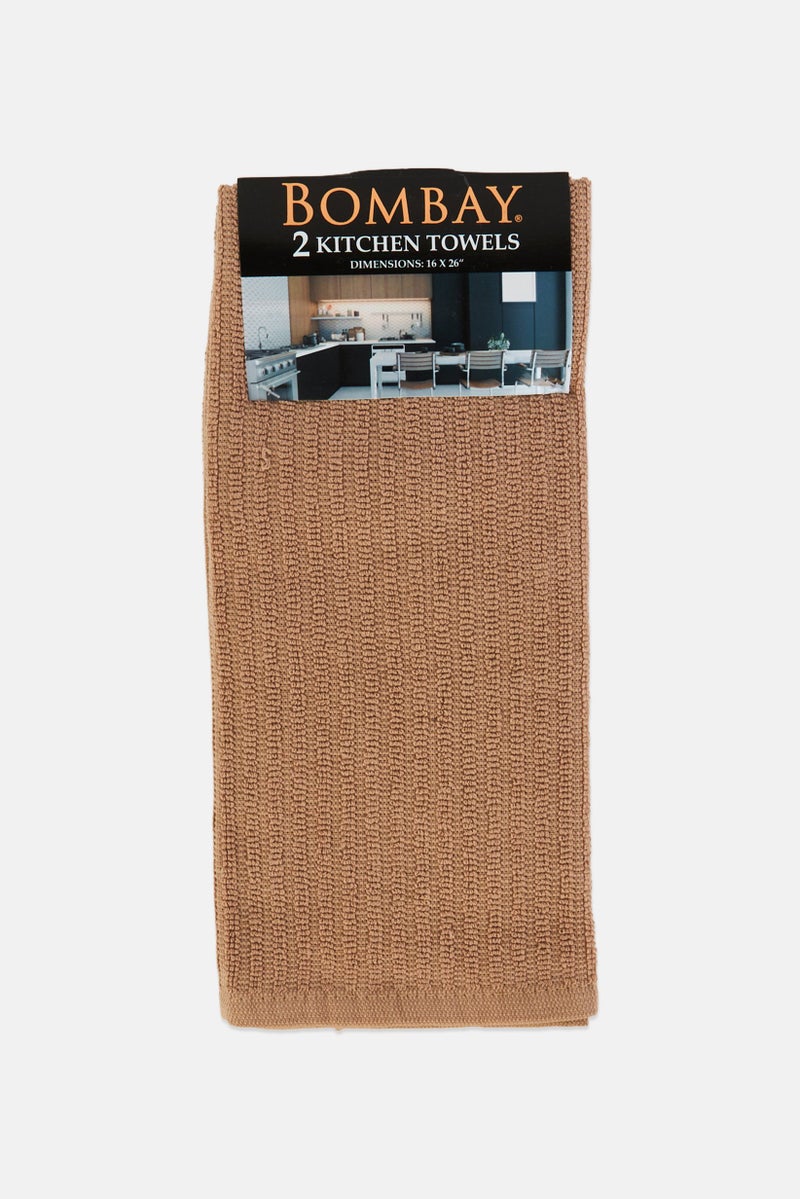 Bombay 2 Pcs Double Sided Textured Cotton Kitchen Towel, Dark Beige - Image 1