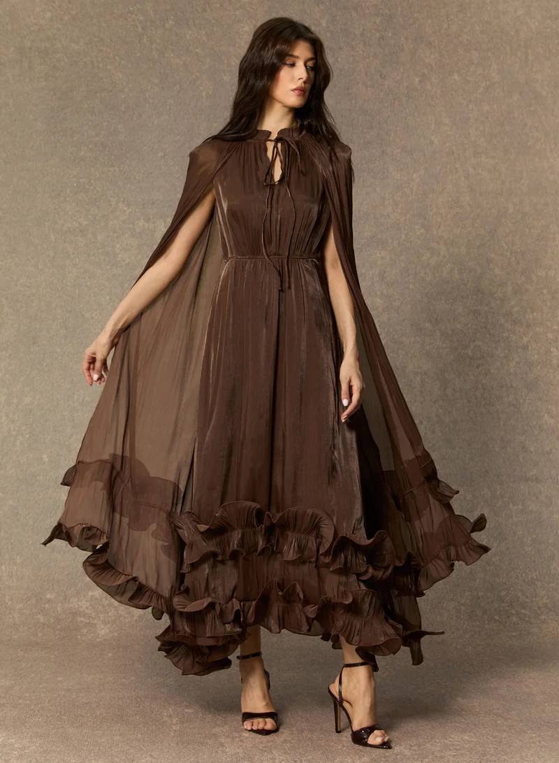 Sunfere Brown Shirley Cape-effect Ruffled Midi Dress for Women | Best Price UAE