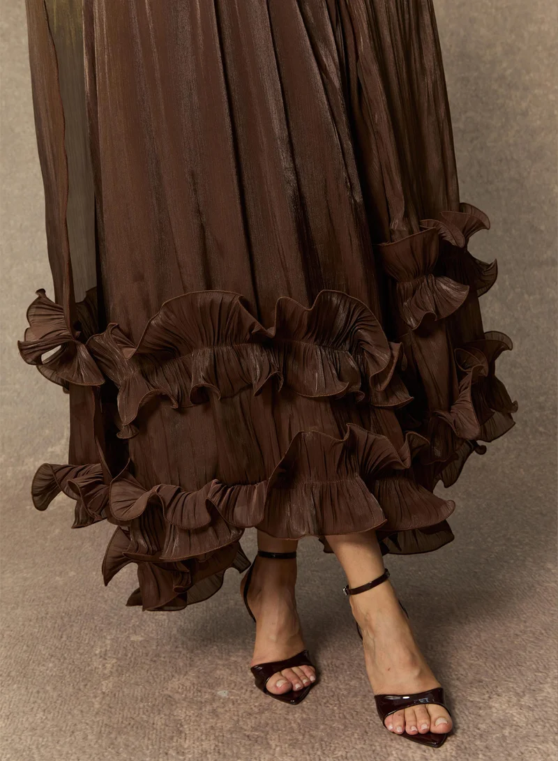 Sunfere Brown Shirley Cape-effect Ruffled Midi Dress for Women | Best Price UAE
