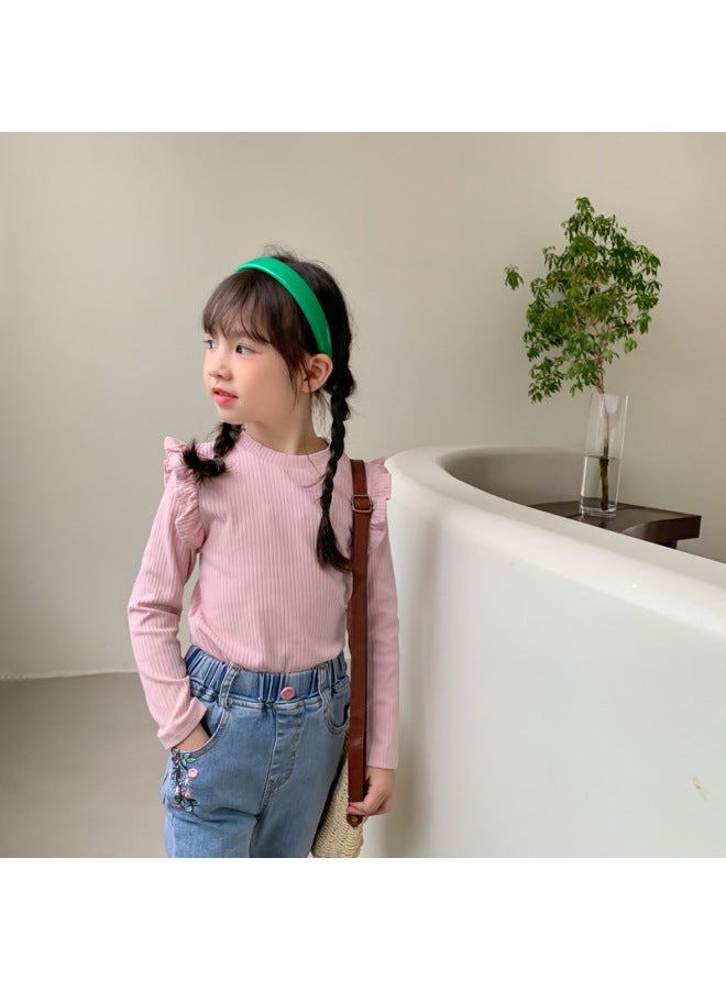 Autumn Girls' 3-color Cute Ruffled Slim Long-sleeve Solid Color Base Shirt T-shirt Trendy Versatile Top