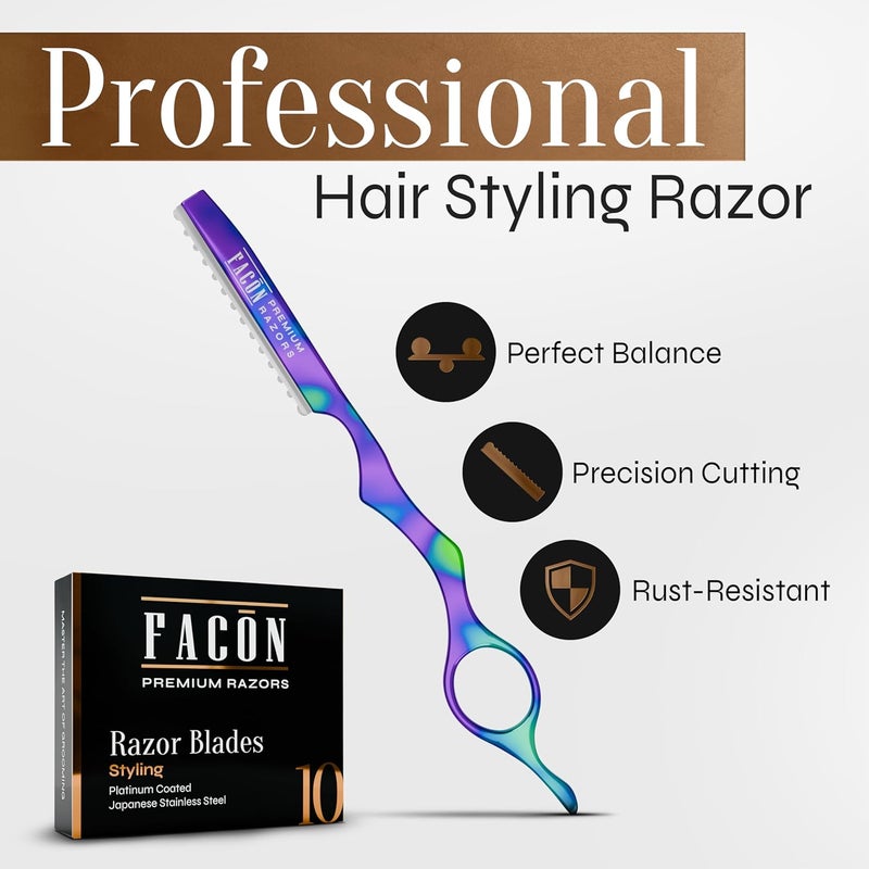 FACON Facón Hair Razors for Cutting Hair - Professional Hair Styling Razor Kit with 11 Replacement Blades, Stainless Steel Hair Cutting Tool for Salon & Home, Premium Hair Thinning Texturizing Faether Razor - Image 2