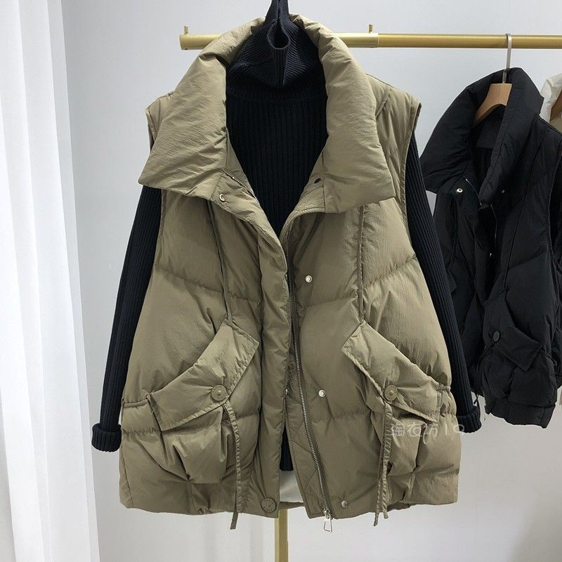 Autumn and winter new down cotton-padded jacket womens waistcoat short loose waistcoat thickened cotton-padded jacket design sense foreign style stand collar vest Khaki  - Image 1