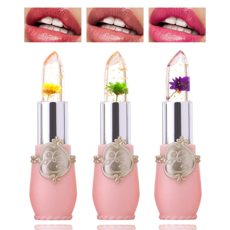 3 Pack Crystal Flower Jelly LipstickMagic Color Changing LipstickPH Clear Temperature Color Changing Lip GlossLip BalmLong Lasting Nourishing Moisturizing Lip Stick Set E