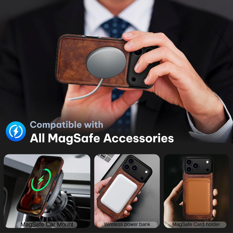 LOHASIC for iPhone 17 Pro Max Leather Case Compatible with MagSafe, Slim Luxury PU Non-Slip Grip Rugged Bumper Protective Cover Phone Case for iPhone 17 ProMax 6.9" 2025 - Brown - Image 3