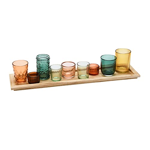 Creative CoOp Round Glass Votive Holders on Wood Tray Yellows  Greens Set of 9