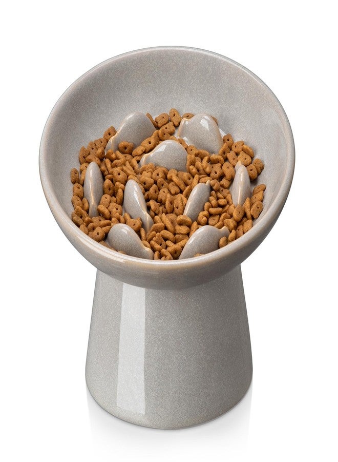 vancasso Ceramic Slow Feeder Cat Bowl, 6.25 Inch Elevated Cat Slow Feeder Bowl, Anti Vomiting for Dry and Wet Food, Grey - Image 1