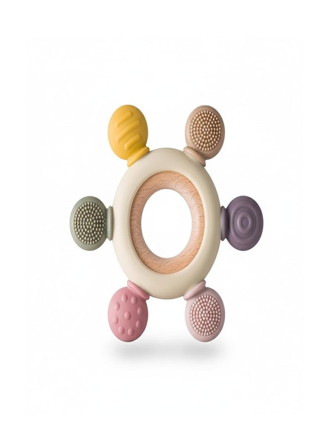 Ashmen Silicone & Wooden Teether 3 Plus Month | BPA-Free Soft Round Baby Teething Toys | Infant Safe Mouthing Essentials | Teethers for 3 to 6 Months | Color - Beige - Image 1