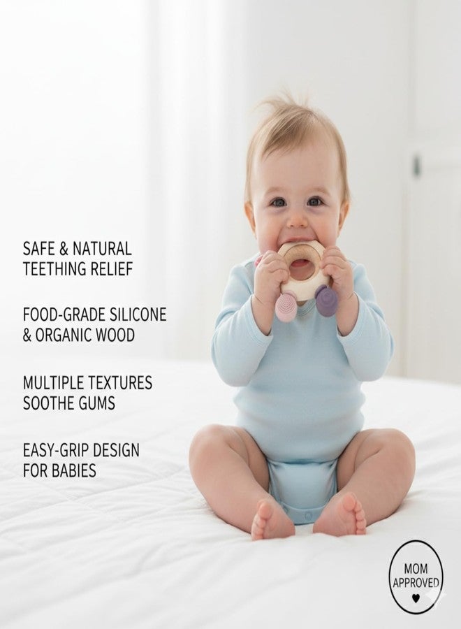 Ashmen Silicone & Wooden Teether 3 Plus Month | BPA-Free Soft Round Baby Teething Toys | Infant Safe Mouthing Essentials | Teethers for 3 to 6 Months | Color - Beige - Image 3