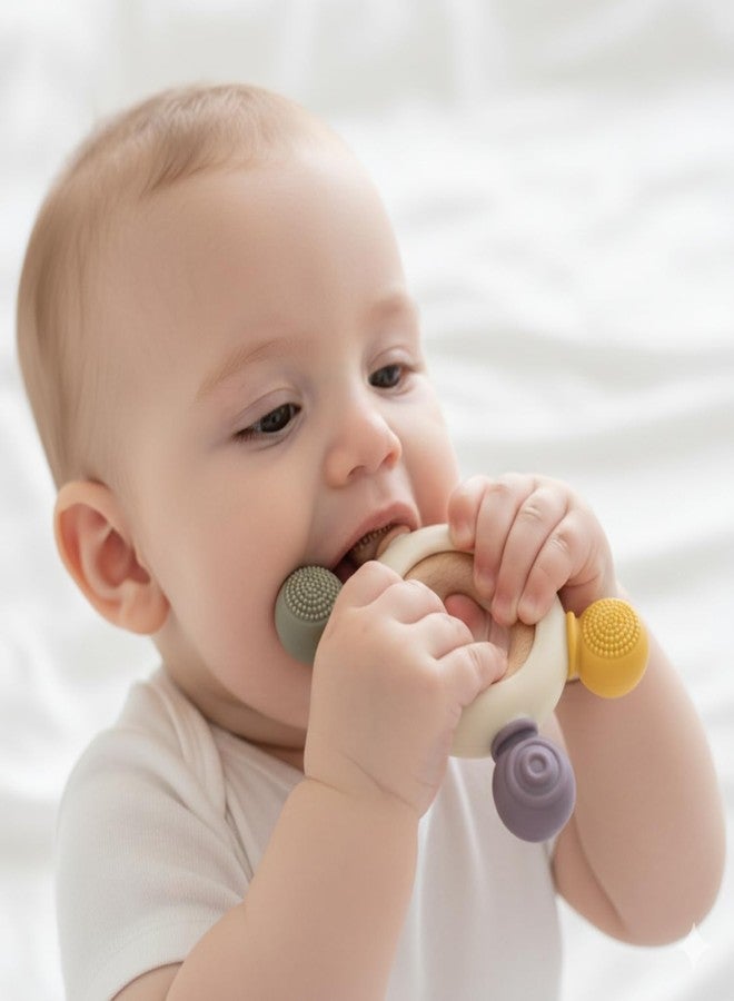 Ashmen Silicone & Wooden Teether 3 Plus Month | BPA-Free Soft Round Baby Teething Toys | Infant Safe Mouthing Essentials | Teethers for 3 to 6 Months | Color - Beige - Image 4