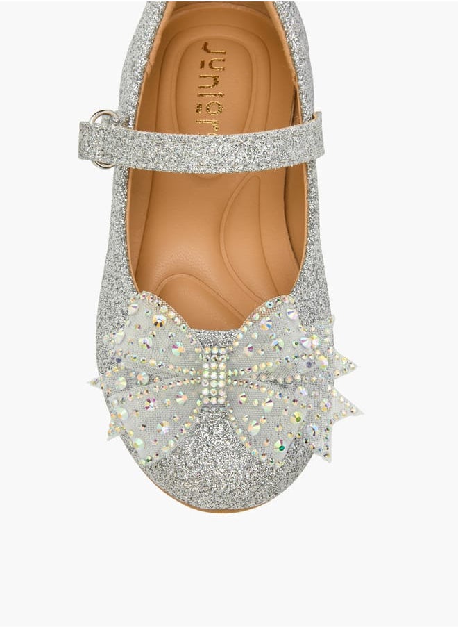 JUNIORS Girls Bow Embellished Mary Jane Shoes with Hook and Loop Closure  - Image 4