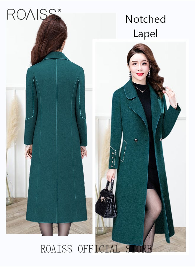 roaiss - Women Contrast Binding Dual Pocket Overcoat Women Stylish Coat Warm Pure Color Long Jacket Women Outwear Slim High Quality Women Jackets - Image 1