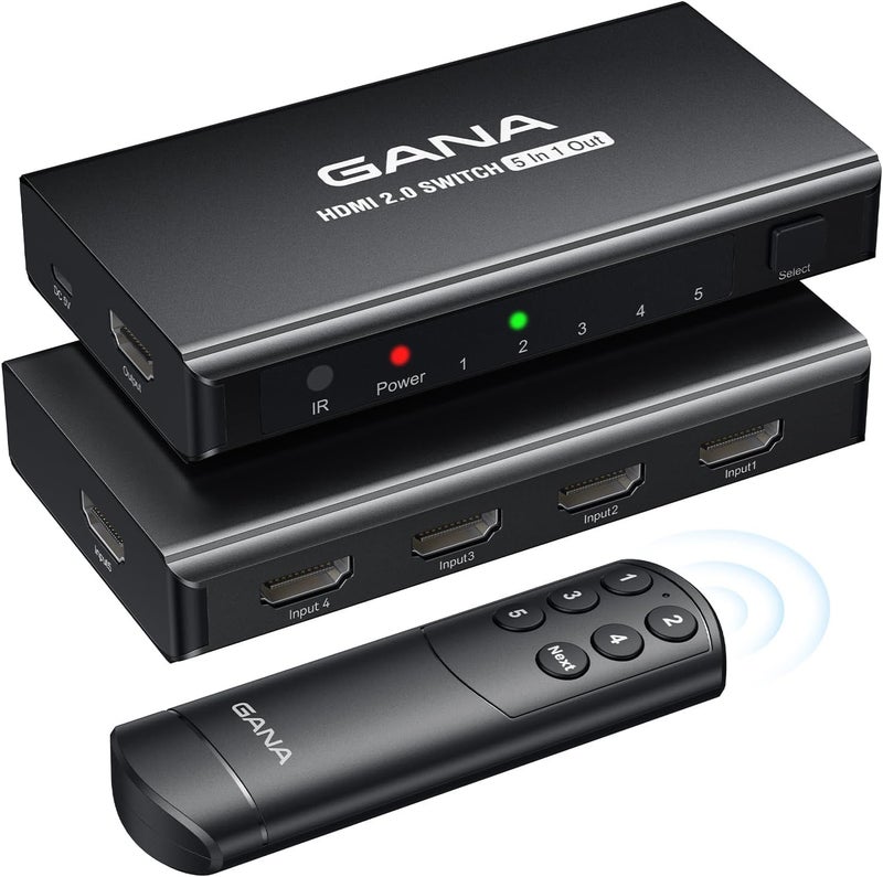 جانا محول HDMI 5 مداخل وخرج واحد 4K@60Hz، محول ومقسم HDMI من مزود بجهاز تحكم عن بعد، صندوق محول HDMI 2.0 من الألومنيوم مركز للأجهزة متوافق مع 3D، HDCP2.2، HDR، متوافق مع Xbox، PS5/4/3، Fire Stick، Roku، مشغل BLU-Ray، اللون الأسود - Image 1