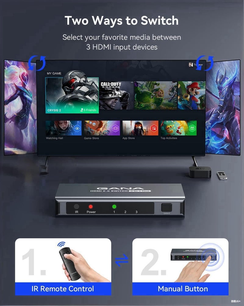 جانا محول HDMI 5 مداخل وخرج واحد 4K@60Hz، محول ومقسم HDMI من مزود بجهاز تحكم عن بعد، صندوق محول HDMI 2.0 من الألومنيوم مركز للأجهزة متوافق مع 3D، HDCP2.2، HDR، متوافق مع Xbox، PS5/4/3، Fire Stick، Roku، مشغل BLU-Ray، اللون الأسود - Image 4