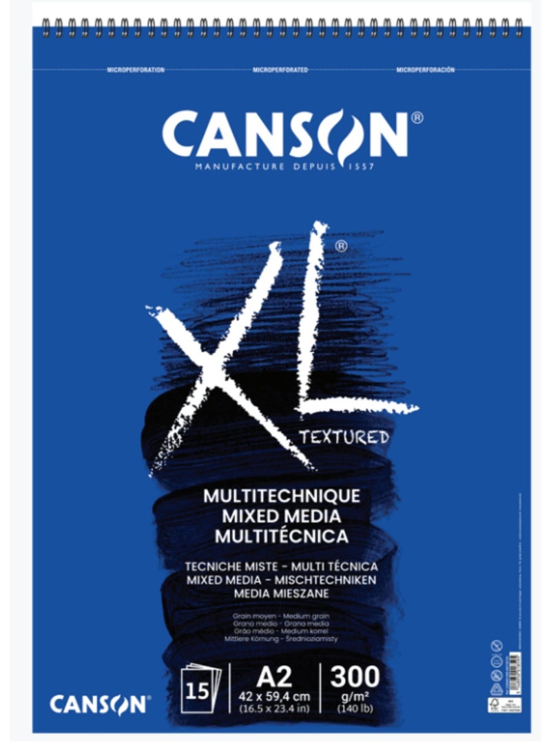 CANSON XL Textured Mixed Media 300gsm A2 Paper Medium Grai Spiral Pad Short Side 15 White Sheets Ideal for Professional Artists & Illustrators - Image 1
