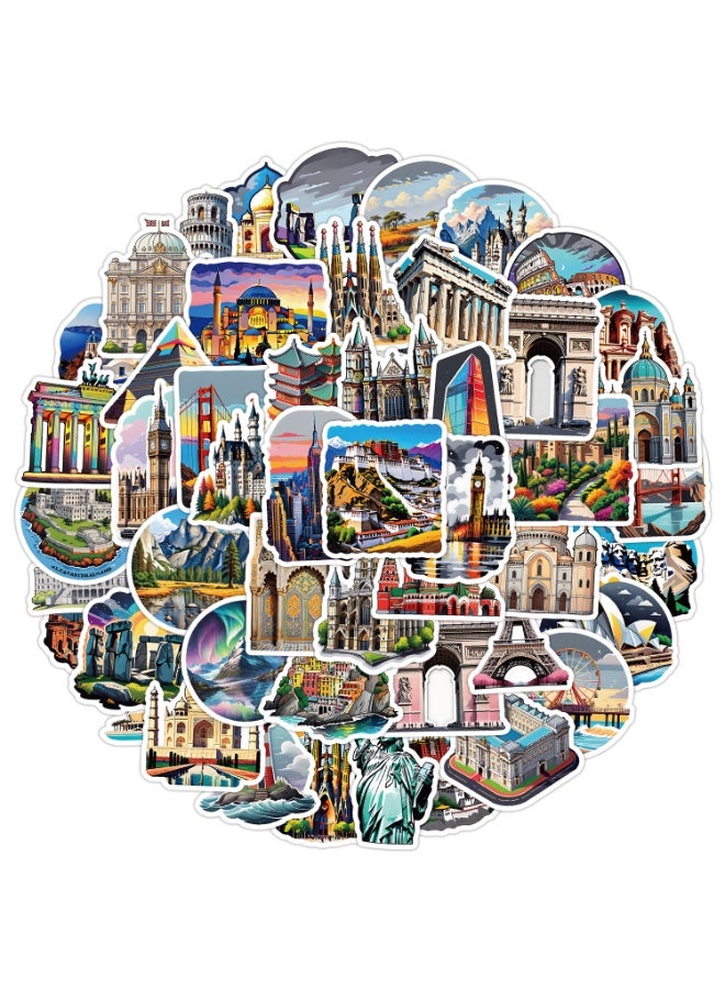 قوس قزح أورينبو ملصقات مباني المعالم للمراهقين، 50 قطعة، ملصقات السفر حول العالم، زجاجات المياه، الكمبيوتر المحمول، لوح التزلج، الأكواب، الدراجات، سجل القصاصات، للبالغين، البنات والأولاد، مجموعة ملصقات للأطفال - Image 1