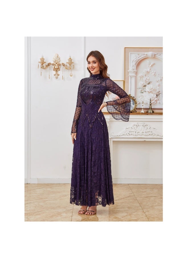Modest Purple Beaded Lace Gown, Arabic Style Long Sleeve Formal Dress for Middle Eastern Women - Image 4
