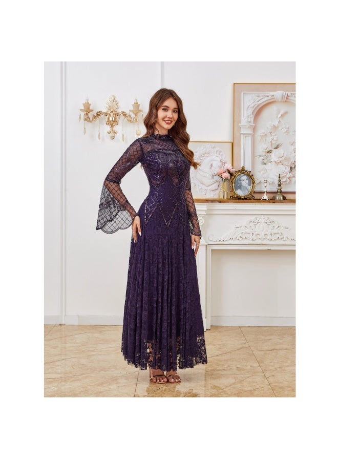 Modest Purple Beaded Lace Gown, Arabic Style Long Sleeve Formal Dress for Middle Eastern Women - Image 5