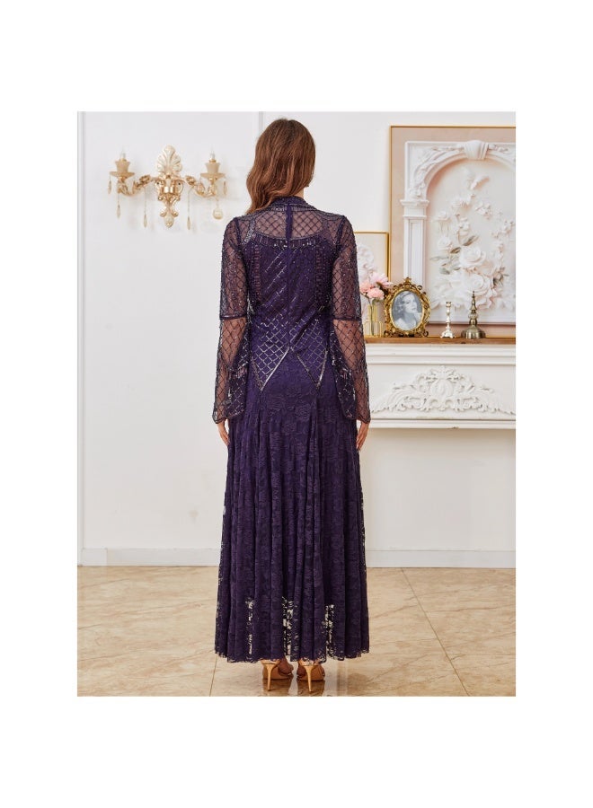 Modest Purple Beaded Lace Gown, Arabic Style Long Sleeve Formal Dress for Middle Eastern Women - Image 3