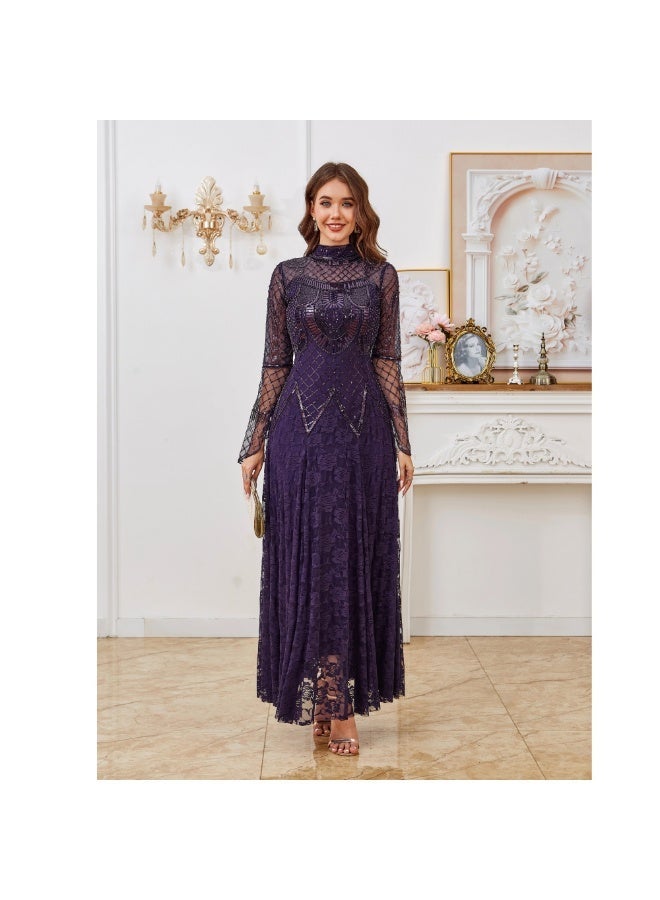 Modest Purple Beaded Lace Gown, Arabic Style Long Sleeve Formal Dress for Middle Eastern Women - Image 2