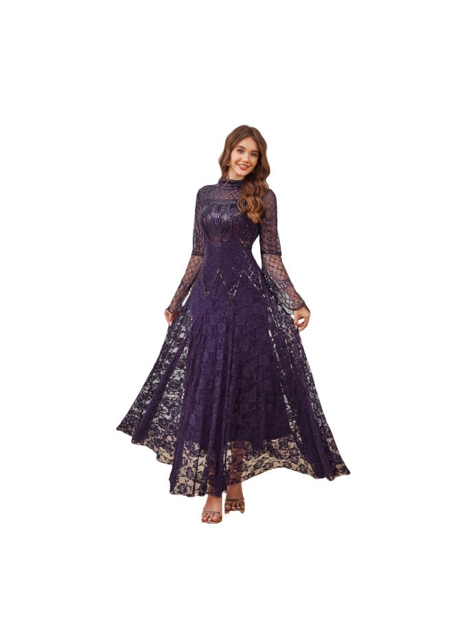 Modest Purple Beaded Lace Gown, Arabic Style Long Sleeve Formal Dress for Middle Eastern Women - Image 1