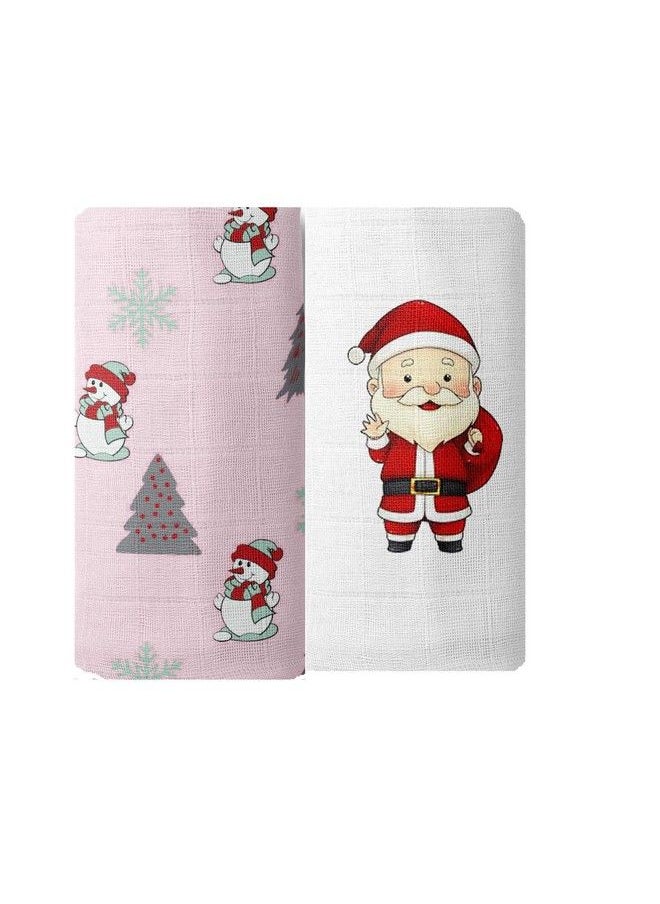 MOM'S HOME Organic Cotton Baby Muslin Swaddle Blanketextra Large Size 110X110 Cmpack Of 2Santa Snowman  - Image 1