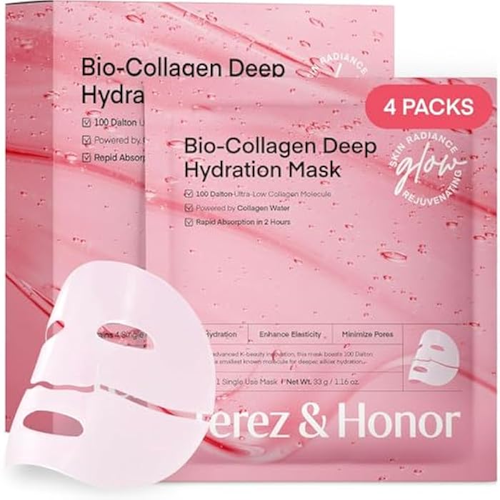 TEREZ & HONOR Korean Real Deep Bio Collagen Face Mask - 4ea x 33g Hydrogel Overnight Masks for Deep Hydration, Glowing, Pore Minimizing, Elasticity, Fragrance-Free, 100 Da Ultra-Low Molecular Collagen - Image 1