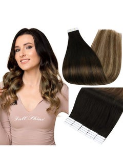 Fshine Hair Extensions Brown with Blonde Highlights Extensions Black Roots Balayage Hair Extensions Black Ombre to Brown with Blonde Highlight Hair 16inch 20Pieces 50Grams  - Image 1