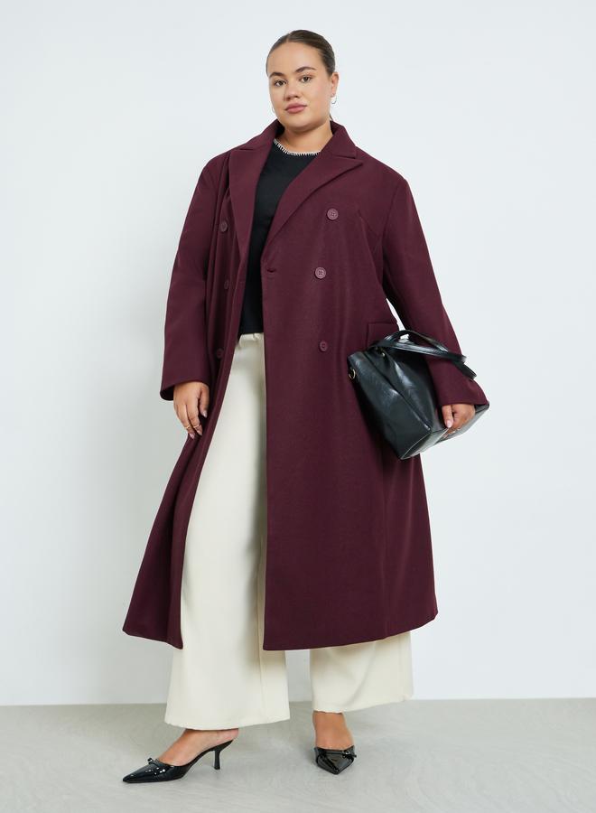 Styli Plus Size Burgundy Double Breasted Longline Coat - Image 1