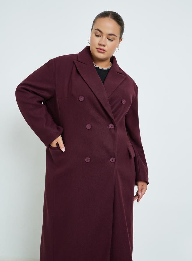 Styli Plus Size Burgundy Double Breasted Longline Coat - Image 2