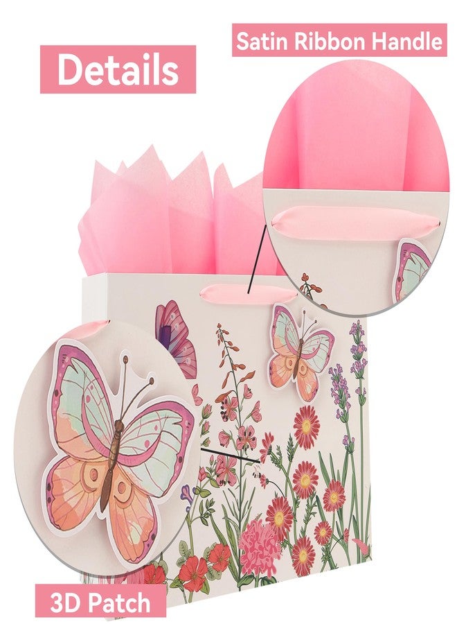 Qirrmiy 16.5” Extra Large 3D Butterfly Gift Bag Set with Handles, Greeting Card, Pink Tissue Papers and Stickers for Women Girls for Birthday, Mothers' Day, Wedding, Anniversary, Floral Design, 1 Pcs - Image 4
