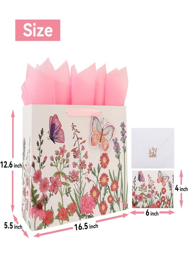 Qirrmiy 16.5” Extra Large 3D Butterfly Gift Bag Set with Handles, Greeting Card, Pink Tissue Papers and Stickers for Women Girls for Birthday, Mothers' Day, Wedding, Anniversary, Floral Design, 1 Pcs - Image 2