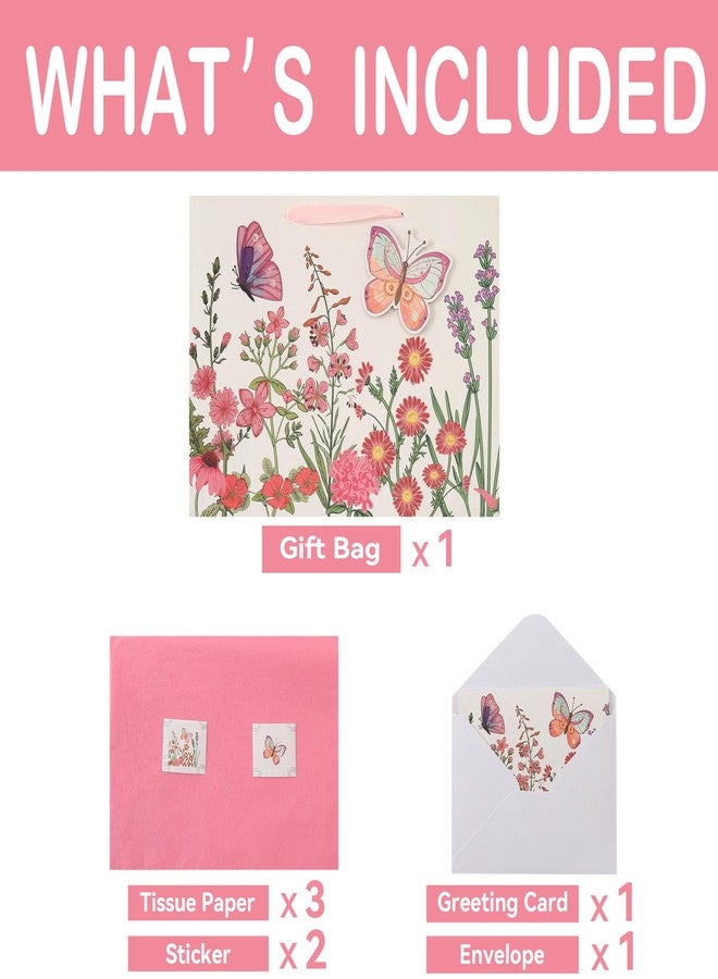 Qirrmiy 16.5” Extra Large 3D Butterfly Gift Bag Set with Handles, Greeting Card, Pink Tissue Papers and Stickers for Women Girls for Birthday, Mothers' Day, Wedding, Anniversary, Floral Design, 1 Pcs - Image 3