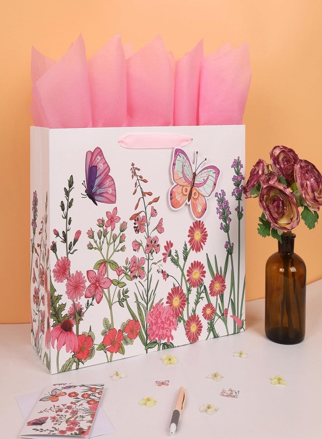 Qirrmiy 16.5” Extra Large 3D Butterfly Gift Bag Set with Handles, Greeting Card, Pink Tissue Papers and Stickers for Women Girls for Birthday, Mothers' Day, Wedding, Anniversary, Floral Design, 1 Pcs - Image 5