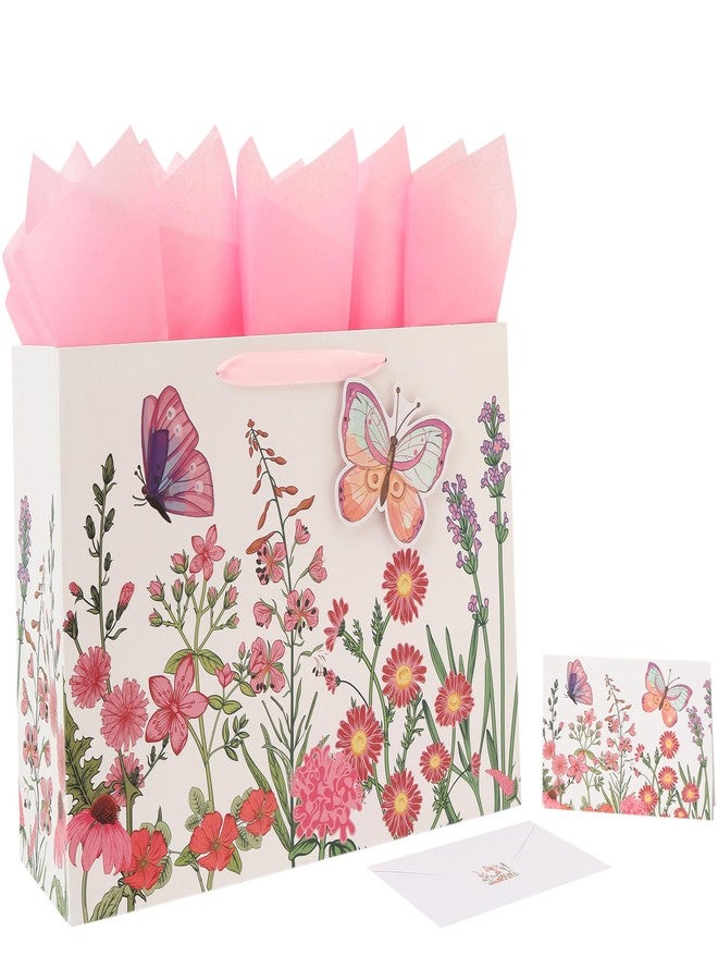 Qirrmiy 16.5” Extra Large 3D Butterfly Gift Bag Set with Handles, Greeting Card, Pink Tissue Papers and Stickers for Women Girls for Birthday, Mothers' Day, Wedding, Anniversary, Floral Design, 1 Pcs - Image 1