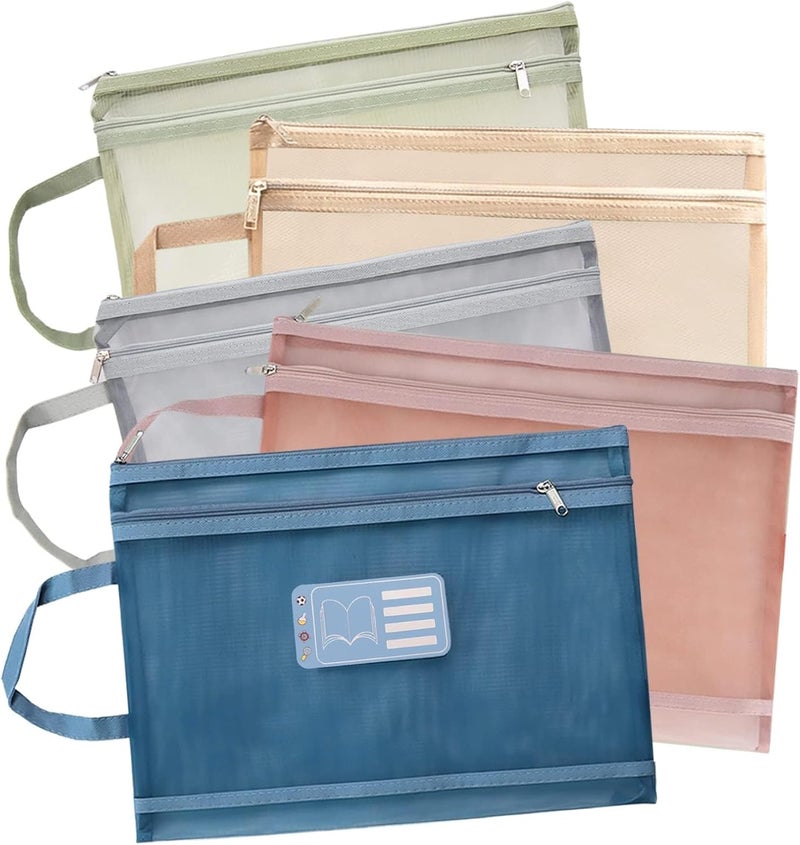 Excefore Mesh Zipper Pouch Zipper Bags, 5 Pack Double-Layer Large Size Folders With Handle, Clear Pencil Pouch Information Textbook Storage Bag, Zipper File Bags For Office Supplies For School Student - Image 1