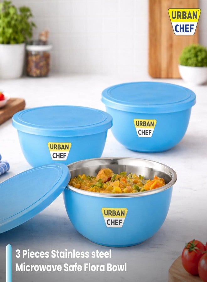 URBAN CHEF Mixing Bowl Set of 3 Stainless Steel (500ml, 800ml,1250ml) | Microwave Safe & Dishwasher Safe | Bowl Set with Lid for Gift | Bowls for Snacks | Serving Bowls Kitchen Accessories -Blue - Image 2