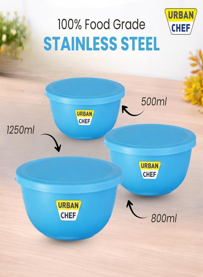 URBAN CHEF Mixing Bowl Set of 3 Stainless Steel (500ml, 800ml,1250ml) | Microwave Safe & Dishwasher Safe | Bowl Set with Lid for Gift | Bowls for Snacks | Serving Bowls Kitchen Accessories -Blue - Image 3