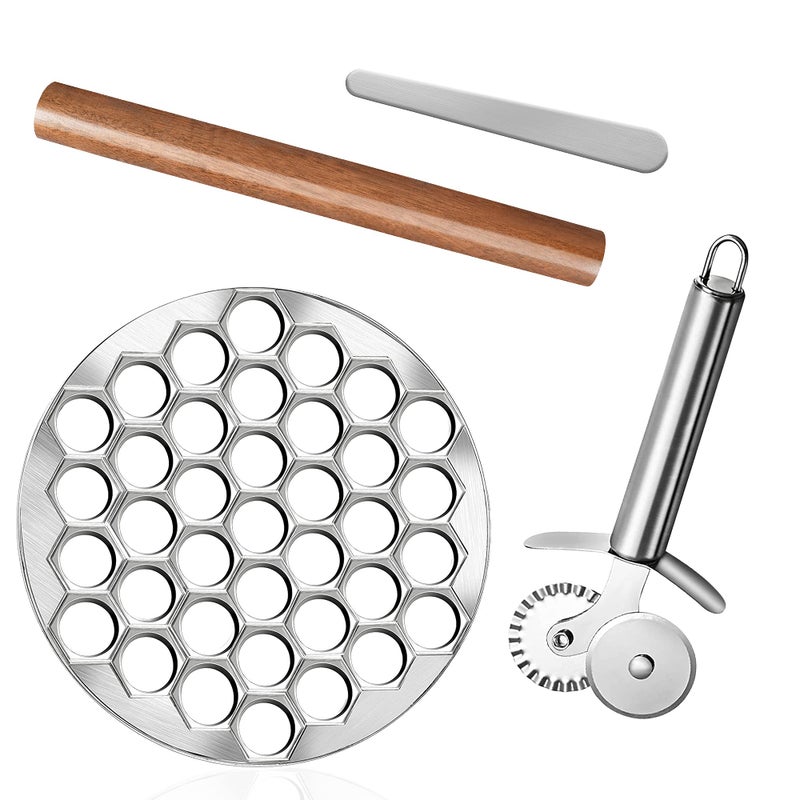 Worldity Ravioli Dumpling Mold Food Grade Safe Dumplings Maker Russian Pelmeni Maker with 37 Holes Double Pastry Ravioli Wheel Cutter and Roller Pin for Making Dumplings Ravioli