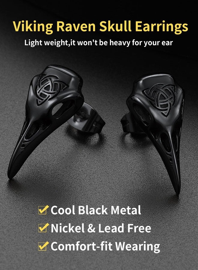 ChainsHouse Mens Raven Skull Stud Earrings Black Norse Viking Earrings Goth Jewelry for Cool Man - Image 3
