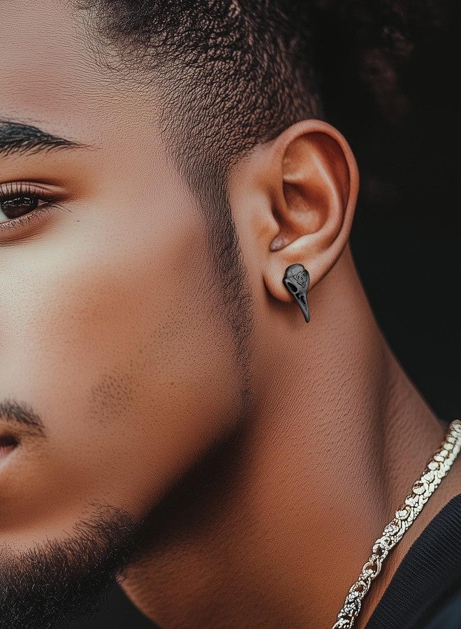 ChainsHouse Mens Raven Skull Stud Earrings Black Norse Viking Earrings Goth Jewelry for Cool Man - Image 2