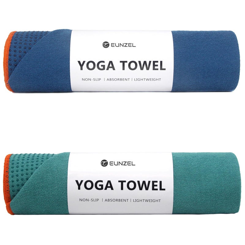 Eunzel 2 Pack Hot Yoga Towel with Grip Dot Non Slip Yoga Mat Towe Sweat Absorbent Towel for Hot YogaBikram Pilates and Fitness 72 x 24 Dark CyanSteel Blue - Image 2