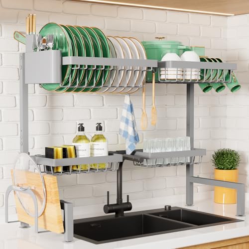 Kitsure Over The Sink Dish Drying Rack - 30.0" to 33.9"x21.5", Adjustable Sink Drying Rack for Kitchen Sink with Multifunctional Baskets, Grey - Image 3