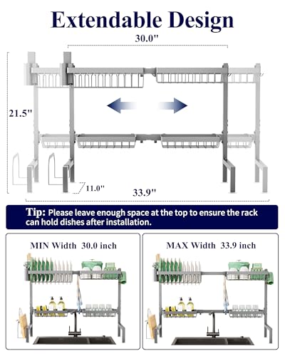 Kitsure Over The Sink Dish Drying Rack - 30.0" to 33.9"x21.5", Adjustable Sink Drying Rack for Kitchen Sink with Multifunctional Baskets, Grey - Image 2