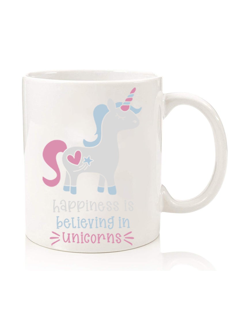 Theodor Premium Quality Two Sided Printed Coffee Mug Tea Cup For Home Office, Kids Men Women Happiness is believing in Unicorns - Image 1