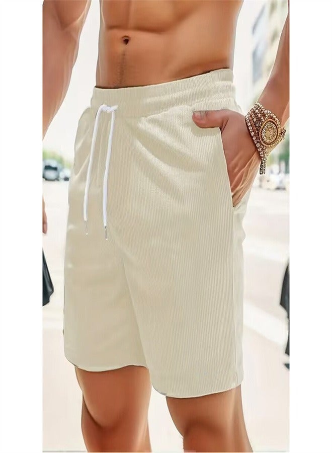 Loquat Solid Color Lace Up Sports Corduroy Minimalist Five Point Shorts Off white,  - Image 1