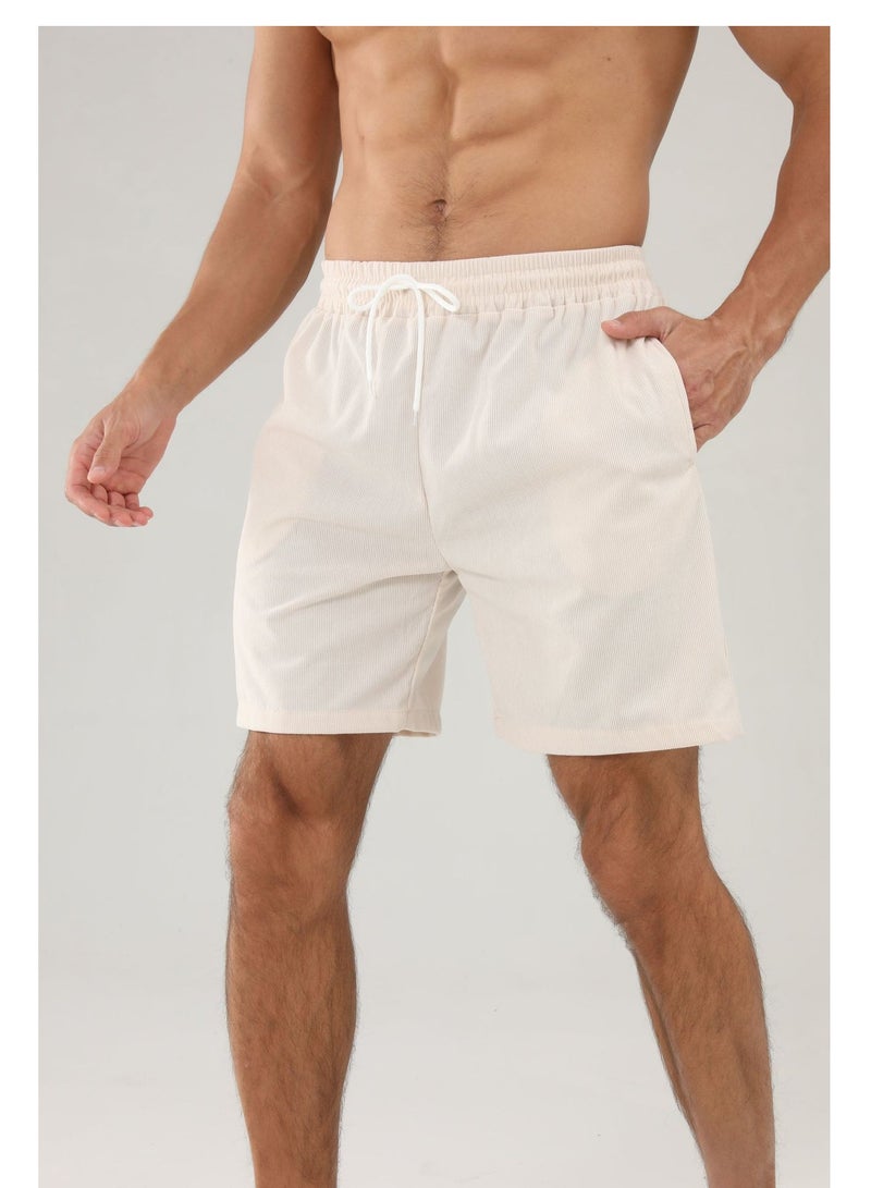 Loquat Solid Color Lace Up Sports Corduroy Minimalist Five Point Shorts Off white,  - Image 2
