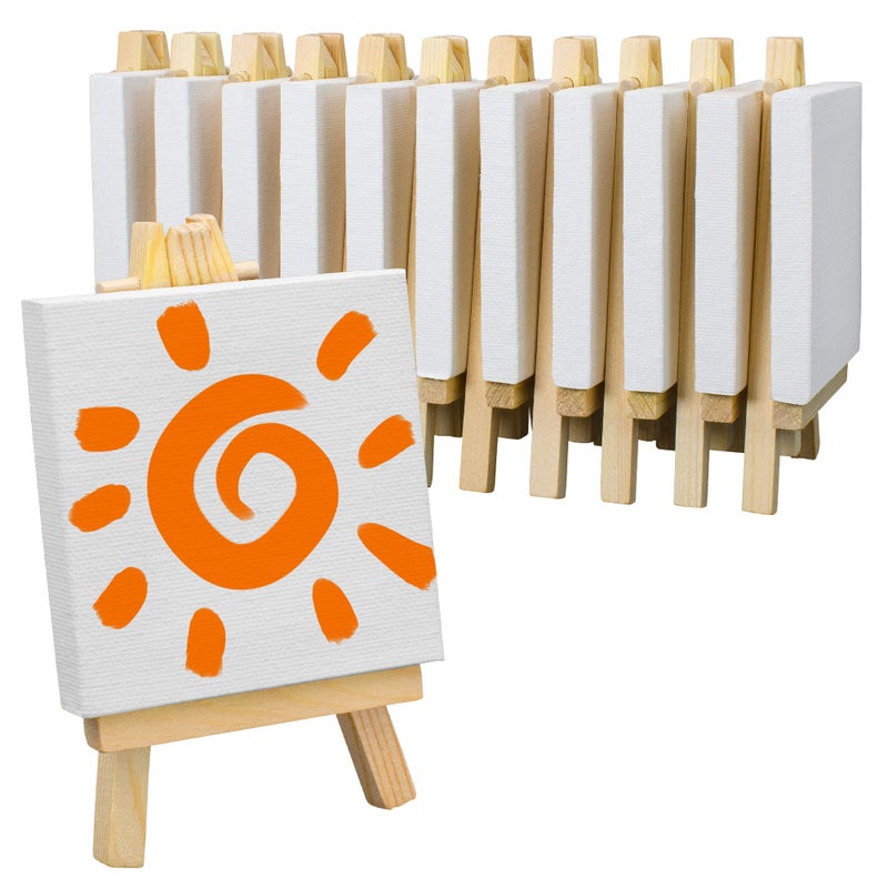 FIXSMITH 3x3 Inch Mini Stretched Canvas Easel Set Bulk Pack of 12Small Stretched White Blank Canvas Panels Wood Easels for Painting Craft Drawing Decoration Gift Art Project DIY Art Supplies